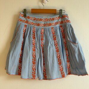 Tory Burch Sz 2 Blue Embroidered Beaded Bohemian Mini Skirt